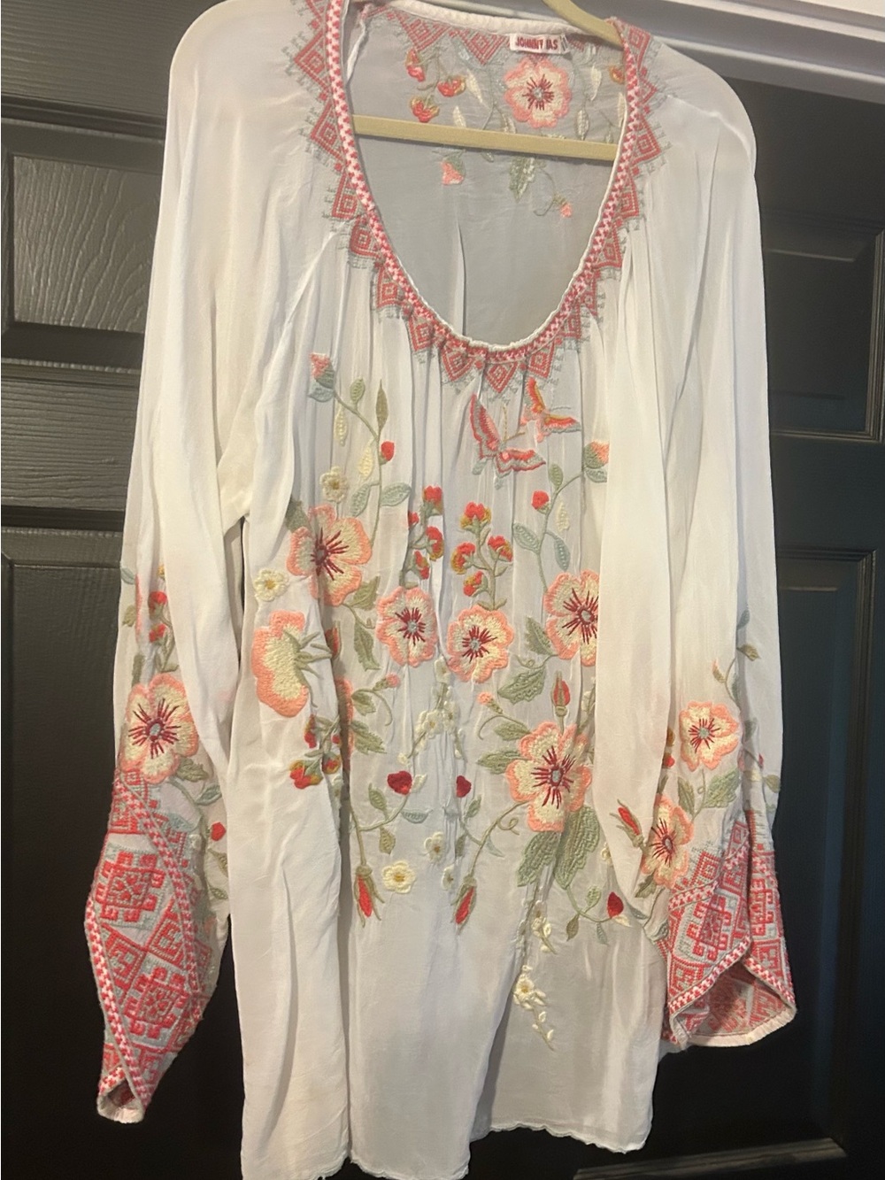 Johnny Was Cream Tunic with Coral and Green Floral Embroidery